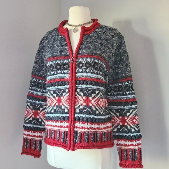 Vintage Wool Fairisle Zip-Up Red & Gray Sweater - Picture 2 of 4